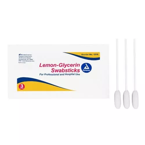 Dynarex Lemon Glycerin Oral Swabsticks, Soothes and Moistens Mouth, 3 per Pack, Box of 25